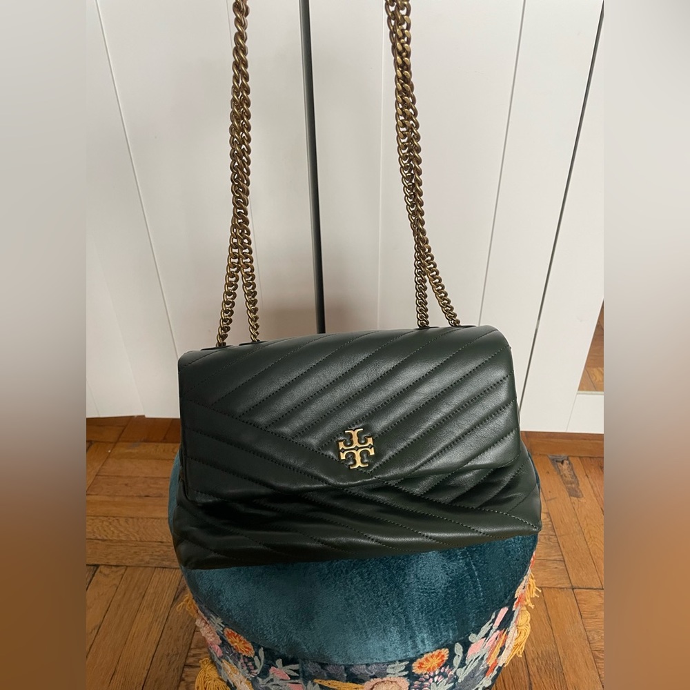 Tory Burch Forest Green Quilted Leather Shoulder Bag with Gold Chain